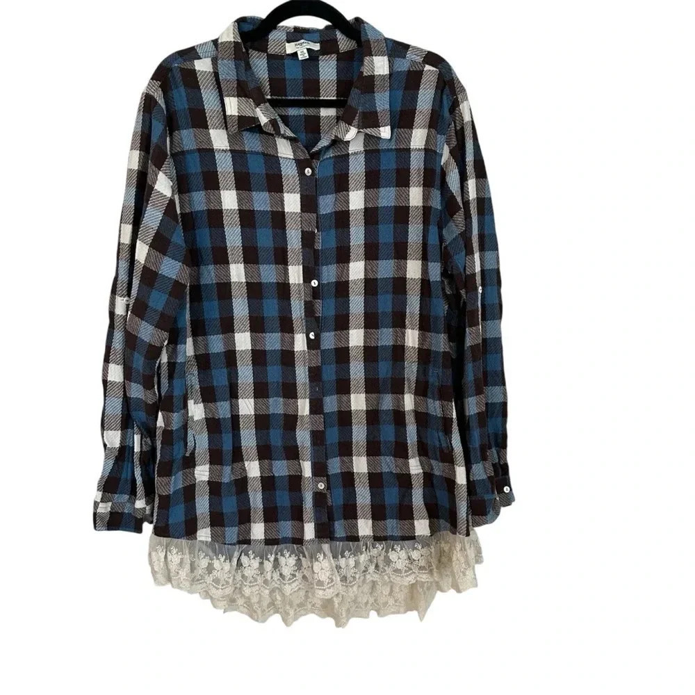 Hayden Women’s Long Sleeve Button Up Blue Plaid Top with Lace Trim Sz 1XL GUC